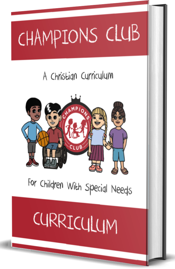 Champions Club Curriculum Book Cover with a black boy with autism, an asian boy in a wheelchair, a caucasian girl with down syndrome, and a hispanic girl with hearing aids