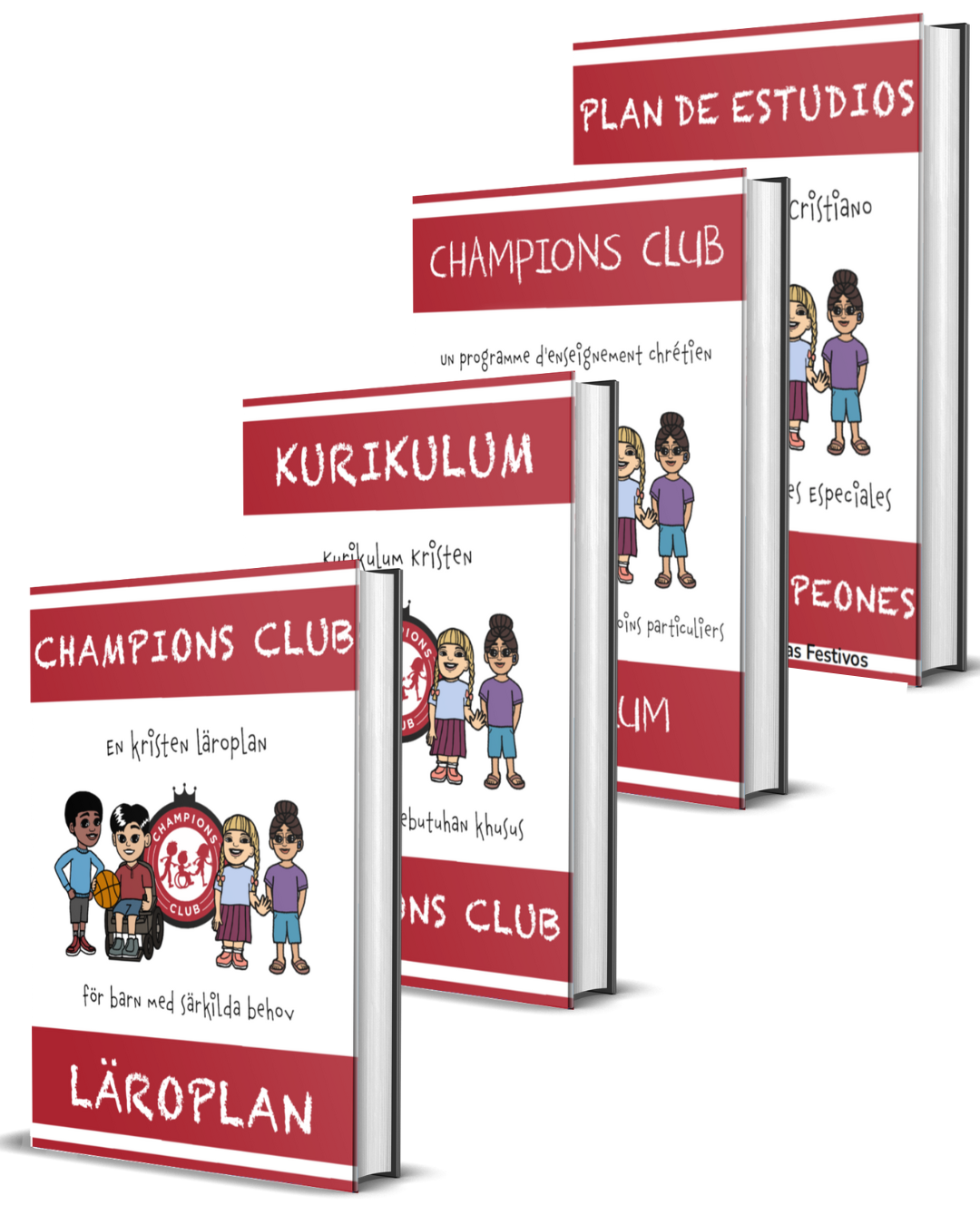 Champions Club Curriculum Book Cover with a black boy with autism, an asian boy in a wheelchair, a caucasian girl with down syndrome, and a hispanic girl with hearing aids